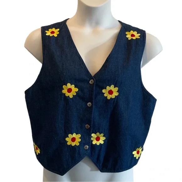 Vintage Sophia Rose Denim Daisy Embroidered Vest. Size XL - Picture 1 of 8